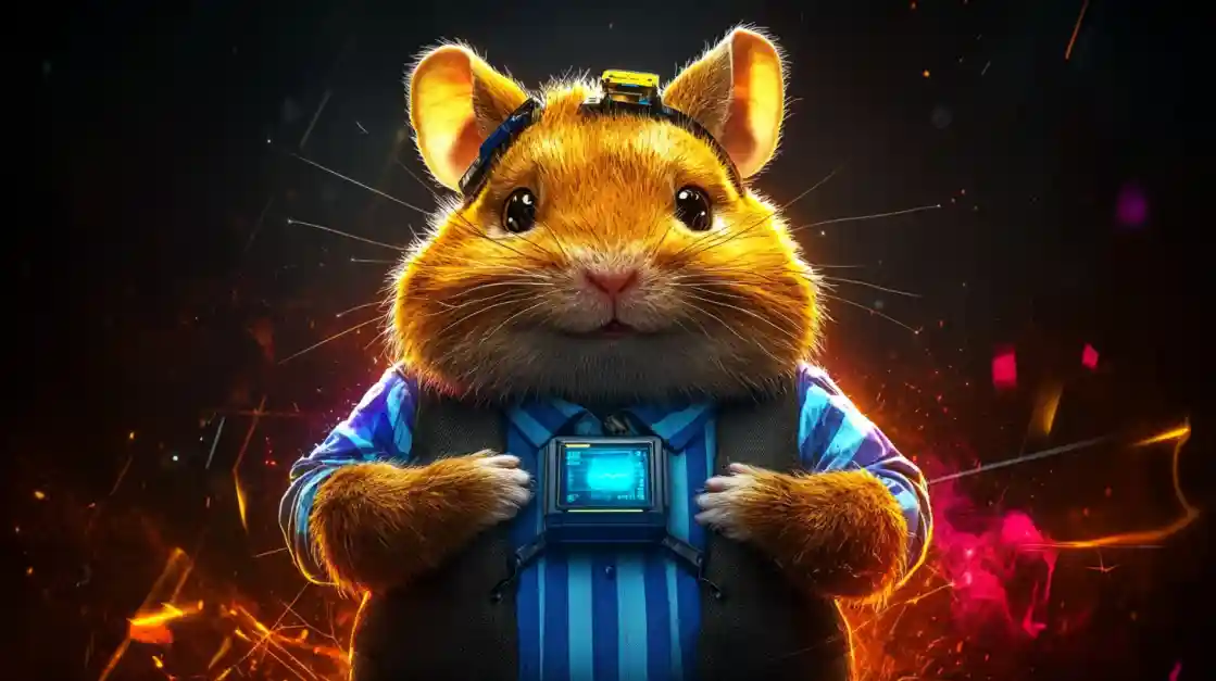 A cute and tech-savvy hamster character wearing a vest and a headset, with a friendly expression, representing the playful and innovative spirit of ek777.