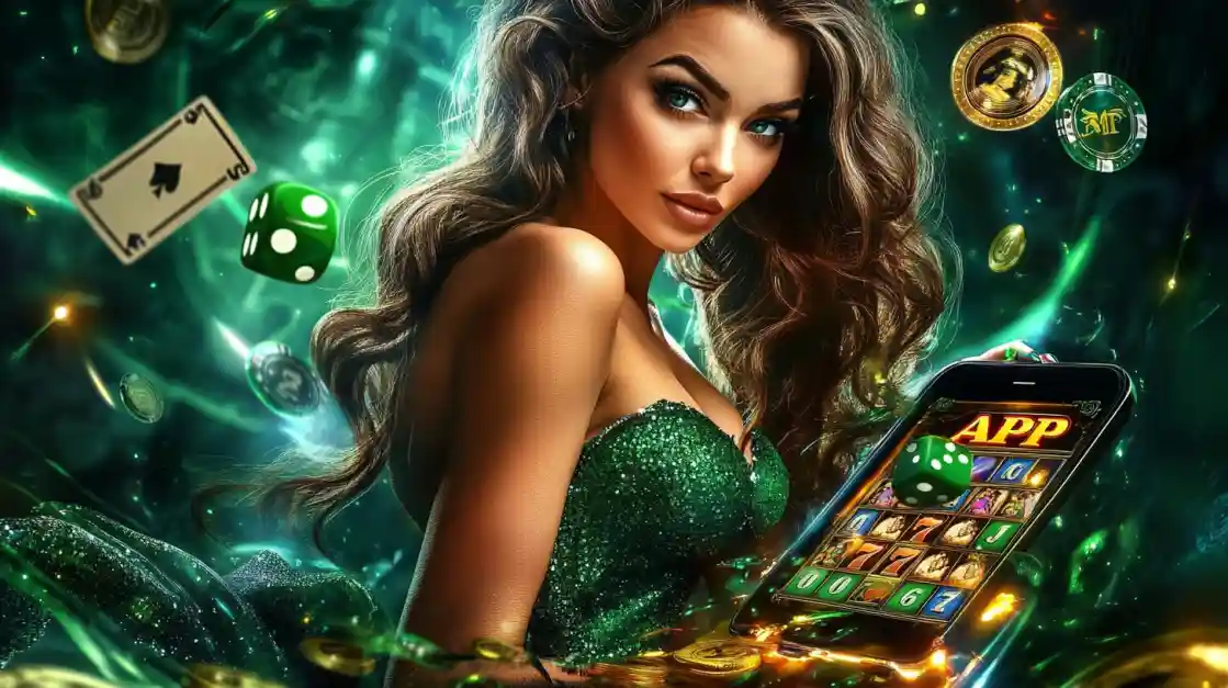 An enchanting woman with flowing hair, adorned in green, gazes captivatingly, surrounded by floating cards, dice, and coins, alongside a smartphone featuring the ek777 gaming app.