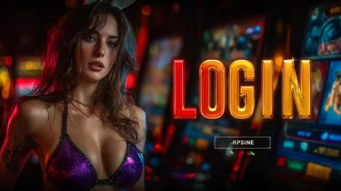 A captivating woman in a shimmering top stands beside a prominent LOGIN interface, with ek777 slot machines softly blurred in the background, inviting users to enter the world of ek777.