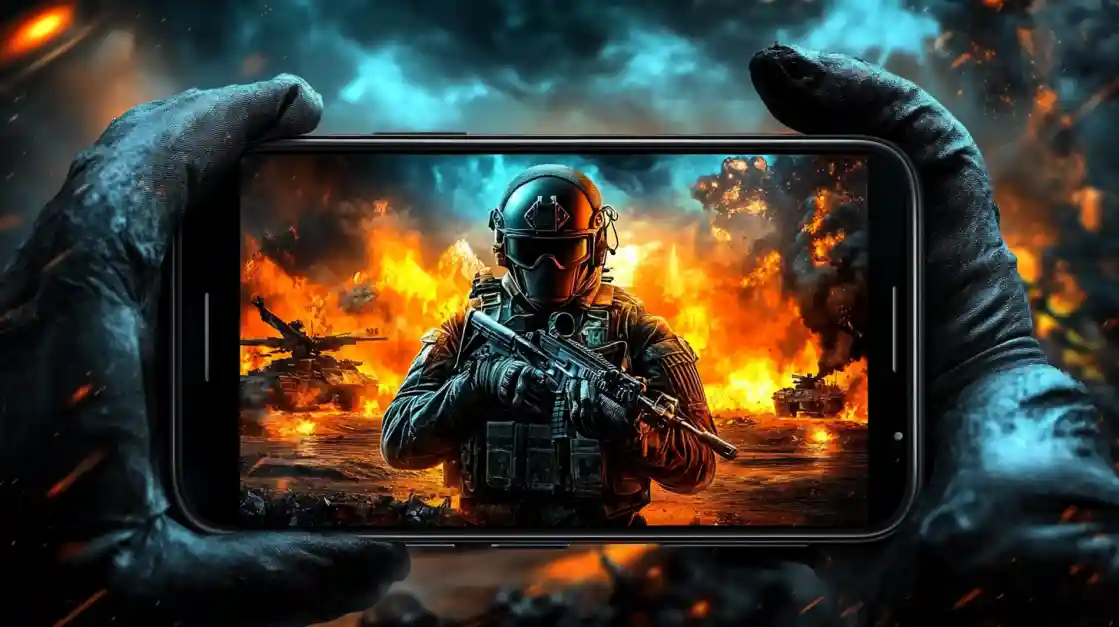 Hands holding a smartphone displaying an intense military shooter game with a soldier amidst explosions and tanks, showcasing the immersive action available on ek777.