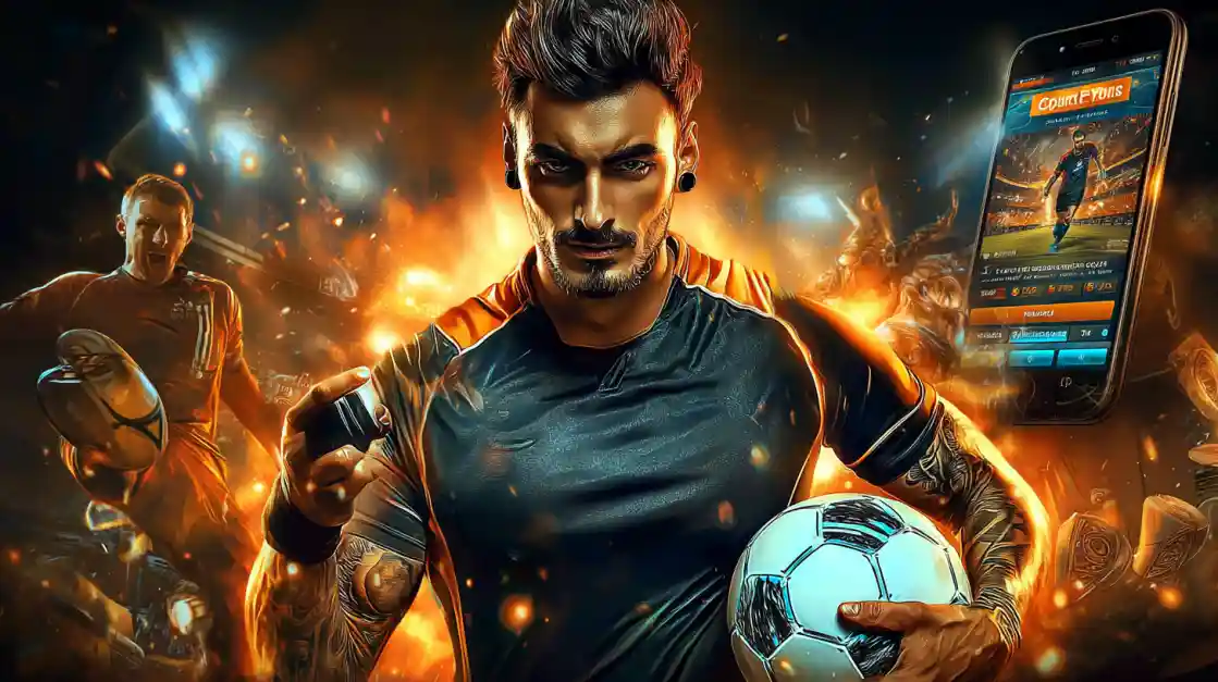 An intense male soccer player with tattoos holds a football, looking confidently at the camera with a ek777 sports betting app on a phone beside him, all set against a fiery action background.