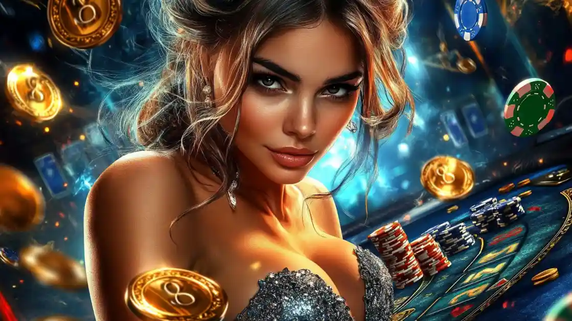 A beautiful woman in a glittering dress gives a captivating look while at a ek777 casino table, surrounded by floating gold coins, casino chips, and a roulette wheel.