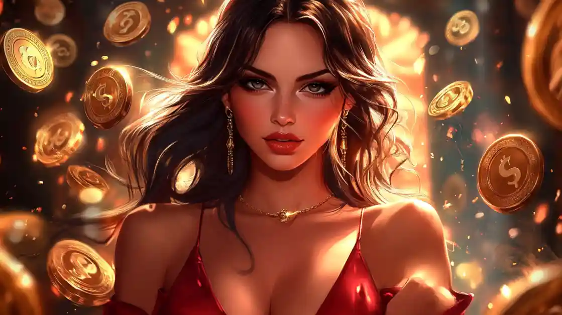 A stunning woman in a red dress, adorned with delicate jewelry, looks directly at the viewer as a shower of golden ek777 coins rains down around her, symbolizing big wins.