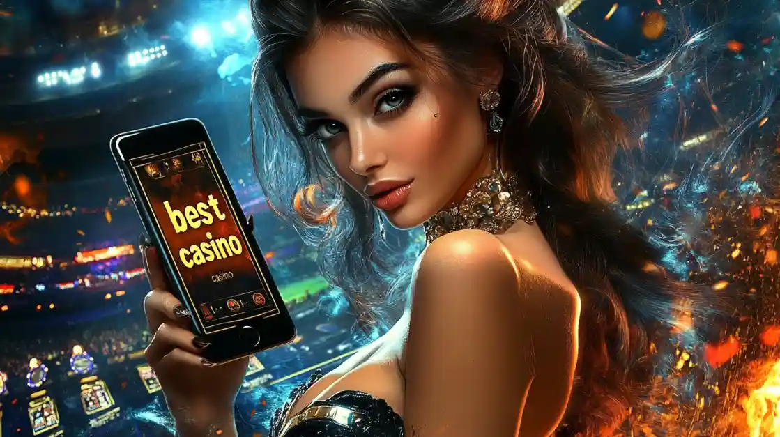 An alluring woman holds a smartphone with the best casino app from ek777 glowing on the screen, set against the backdrop of a brightly lit stadium and ambient flames.