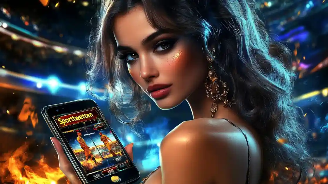 A glamorous woman with elegant makeup looks over her shoulder, holding a smartphone displaying the ek777 sports betting app against a vibrant stadium backdrop with fire effects.